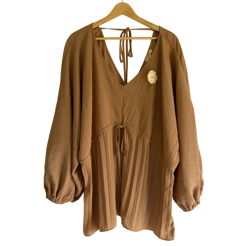ODDI Women 2XL Camel Brown Pleated V-Neck Tunic Dolman Sleeve Top IT13888P